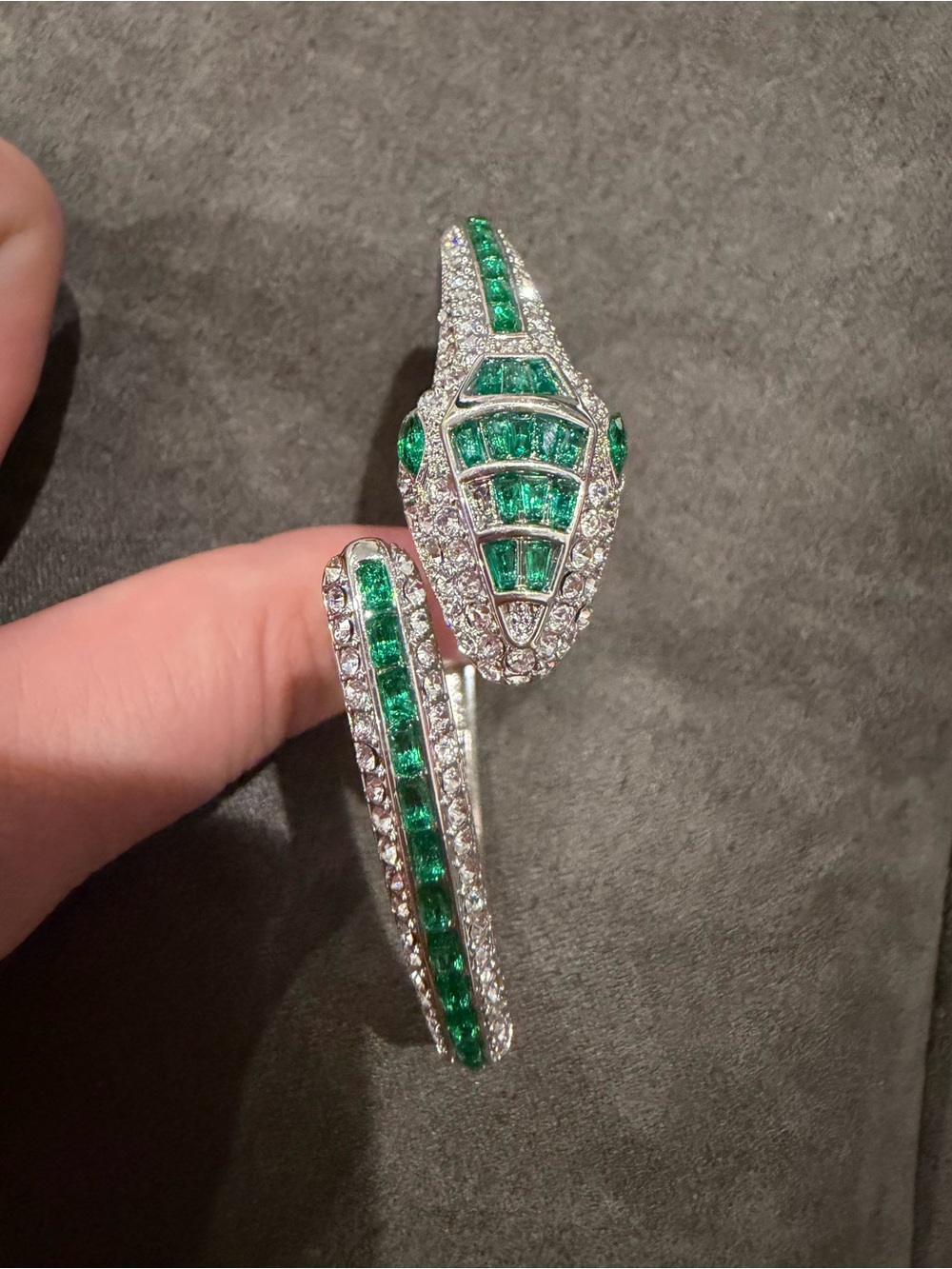 Green Crystal Snake-Head Cuff Bracelet - Silver Tone